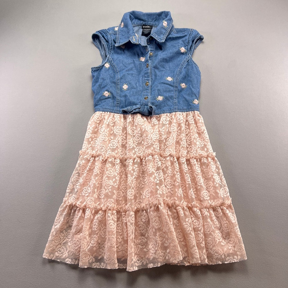 Zunie Denim Dress Girls Medium 10-12 Blue Pink Lace Floral Embroidered Tiered
